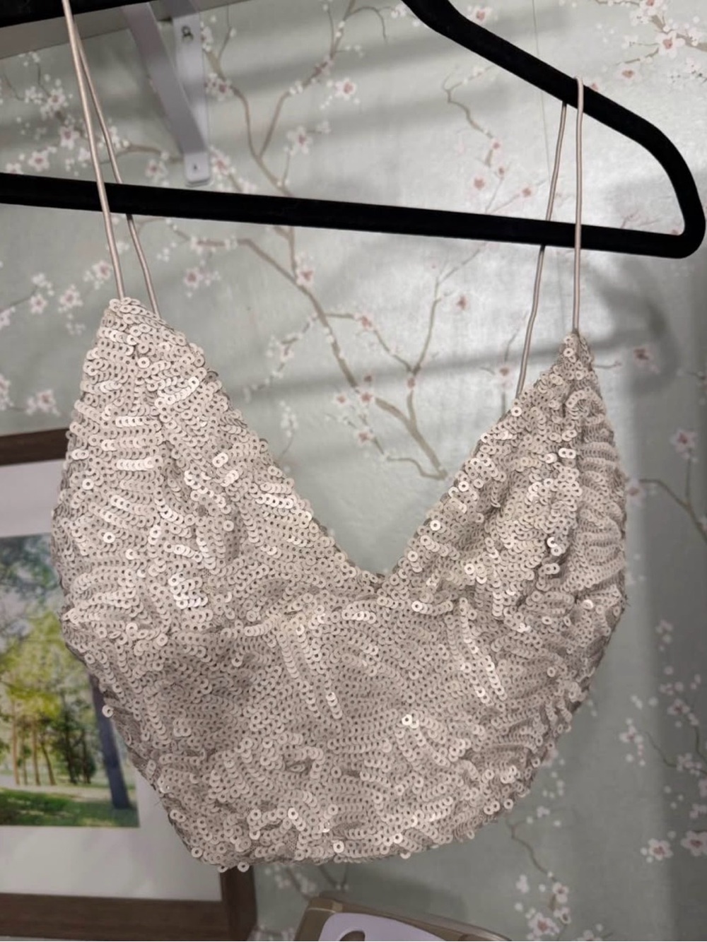 Sequin Spaghetti Strap Crop Top Silver